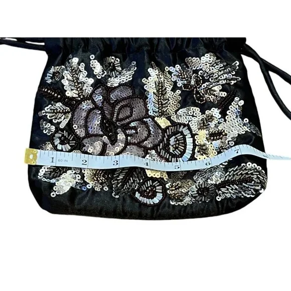 Vintage Jessica McClintock Black Floral Sequin Beaded Evening Formal Bag Purse - Picture 9 of 10